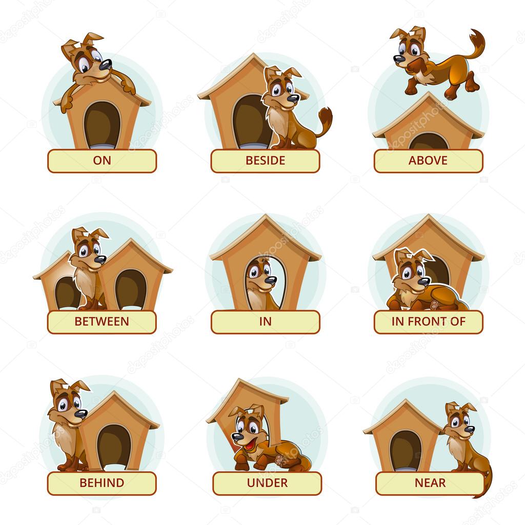 Cartoon Dog In Different Poses To Illustrate English Prepositions Of Place Vector Illustration For Preschool Kids Vector Image By C K3star Vector Stock 88752978