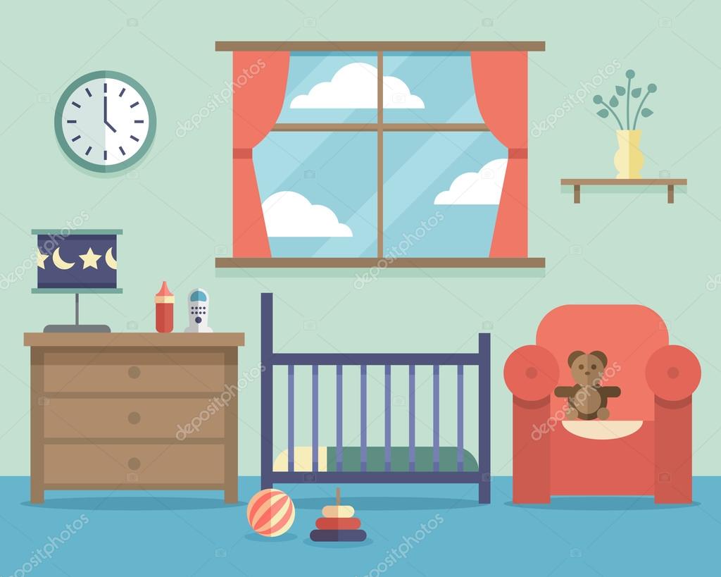 Nursery baby room interior with furniture in flat style — Stock Vector