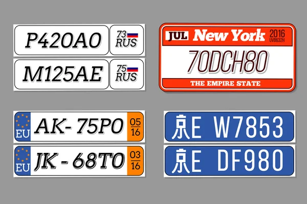 License car number plates vector set. USA, European Union, China, Russia Stock Illustration