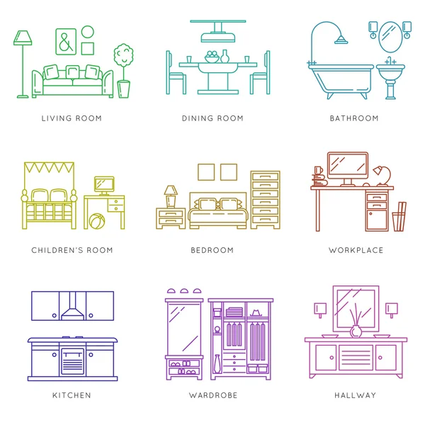 Home rooms interior in linear style. Vector icons set — Stock Illustration Home rooms interior in linear style. Vector icons set Stock Vector