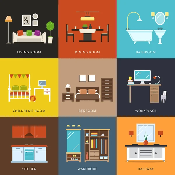 Interior of different rooms types. Vector illustration in flat style — Stock Illustration Interior of different rooms types. Vector illustration in flat style Stock Illustration