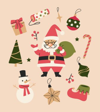 Noel Yeni Yıl elementlerinin koleksiyonunu ayarla, simge klibi avatarı izole edilmiş illüstrasyon