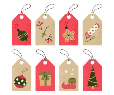 Yılbaşı hediye etiketleri, Noel ağacı süsleme kupası elf puding geyiği koleksiyonu.