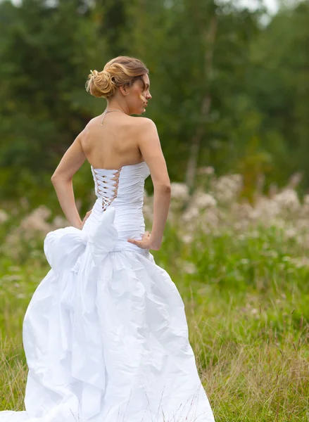 Picture of beautiful bride in white wedding dress — Stock Photo, Image