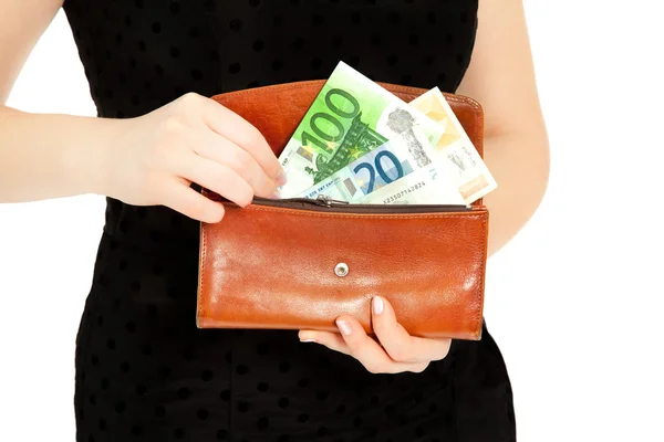 Woman's hands with purse and money — Stock Photo, Image