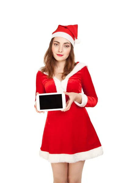 Mujer vestida traje rojo agujero tableta pc — Foto de Stock