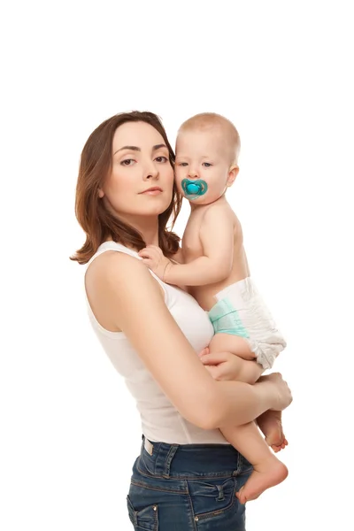 Imagem de mãe feliz e bebê adorável isolado — Fotografia de Stock