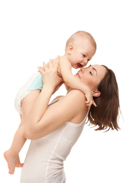 Bild på glada mor med förtjusande baby isolerade på vit — Stockfoto