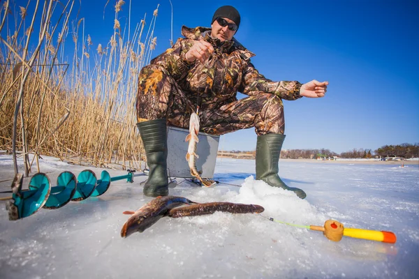 Ice fisherman with pike caught on a tip up — Stock Photo, Image