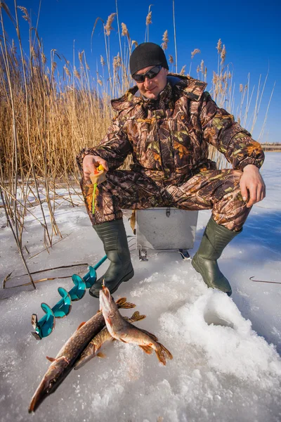 Pêcheur de glace avec brochet attrapé sur une pointe vers le haut — Photo