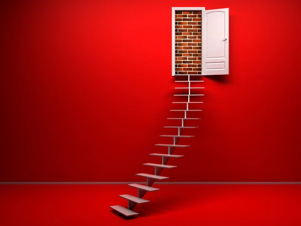 3d red room with opened door. Brick wall — Stock Photo, Image