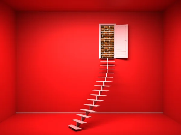 Açılan kapı ile 3D kırmızı Oda. Tuğla duvar — Stok fotoğraf