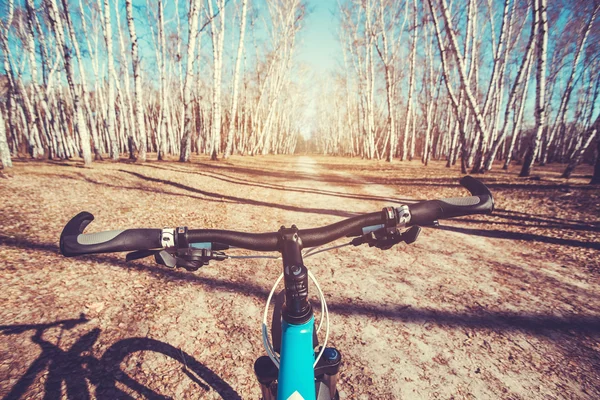 Ciclismo de montaña colina abajo descendiendo rápido en bicicleta . — Foto de Stock