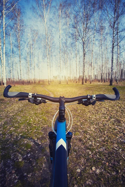 Ciclismo de montaña colina abajo descendiendo rápido en bicicleta . — Foto de Stock