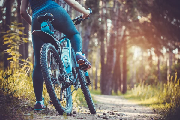 Ciclista montando bicicleta de montaña en el bosque — Foto de Stock