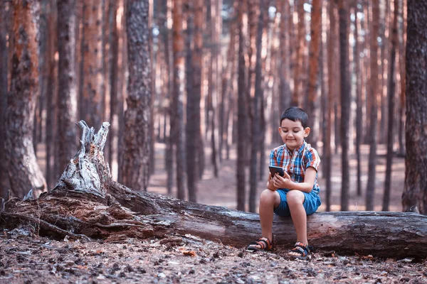 Menino Uma Pitoresca Floresta Pinheiros Brincando Com Smartphone Dependência Gadgets — Fotografia de Stock