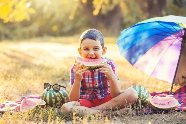 Happy Smiling Kid Eating Ripe Watermelon Summer Park — Stock Photo, Image