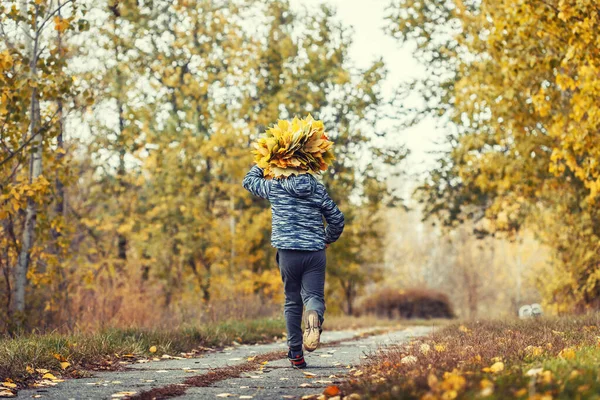 Happy kid in the autumn forest wearing a wreath of yellow leaves — Stock Photo, Image
