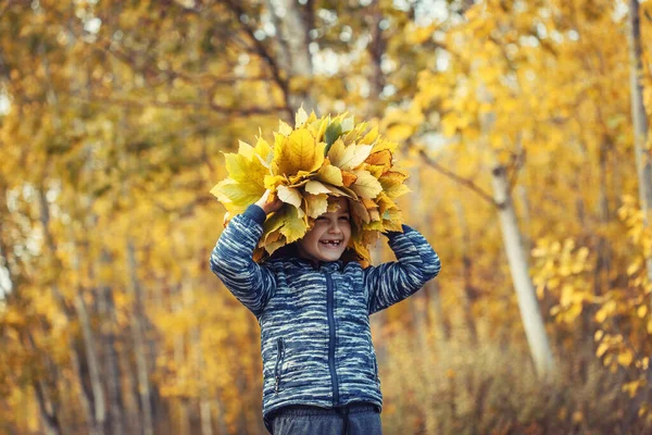 Bambino Nella Foresta Autunnale Con Una Corona Foglie Gialle — Foto Stock