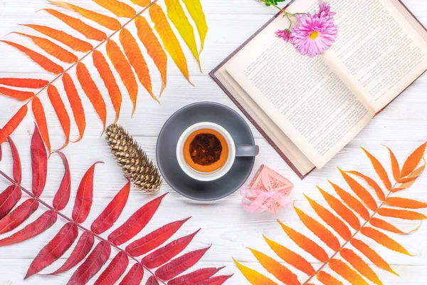 Boek, een kopje warme thee en een warme gebreide hoed, op een herfst houten witte tafel — Stockfoto