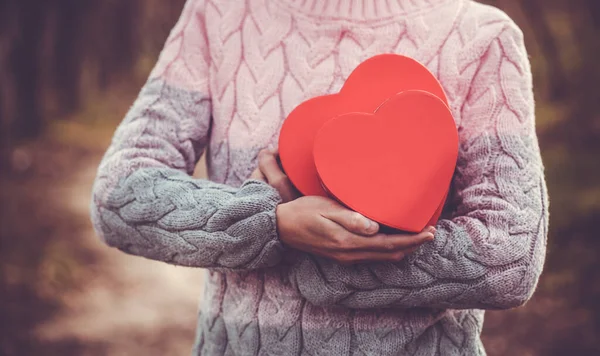 Weibchen halten herzförmige Schachtel Geschenk — Stockfoto