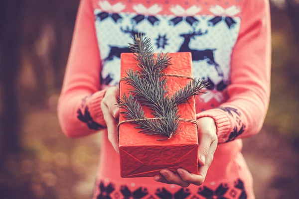 Feminino Segurando Rústico Decorado Presente de Natal com ramo de árvore — Fotografia de Stock
