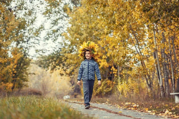 Kleiner Junge Herbstlichen Wald Mit Einem Kranz Aus Gelben Blättern — Stockfoto