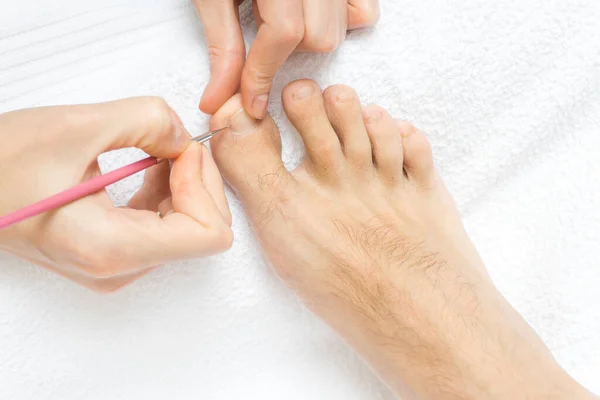 Pies Masculinos Peludos Una Cita Pedicura — Foto de Stock