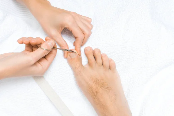 Pies Masculinos Peludos Una Cita Pedicura — Foto de Stock