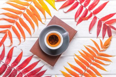 Kitap, bir fincan sıcak çay ve sıcak örülmüş bir şapka, sonbahar ahşap bir masada.