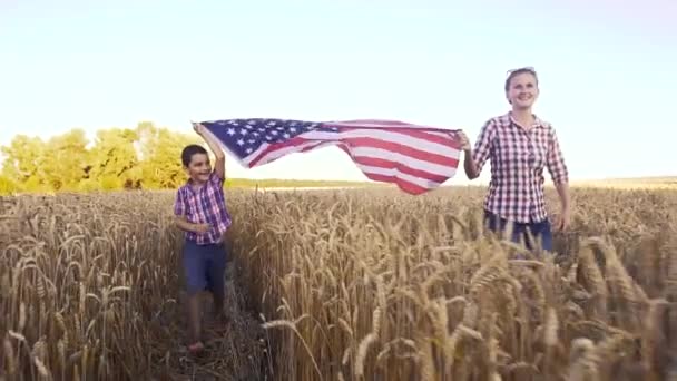 Little kid with mom holding an American flag on the wind in a field of wheat. Summer landscape against the blue sky. — Αρχείο Βίντεο