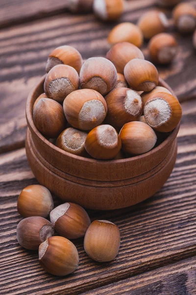 Hazelnut on a wooden table — Stock Photo, Image