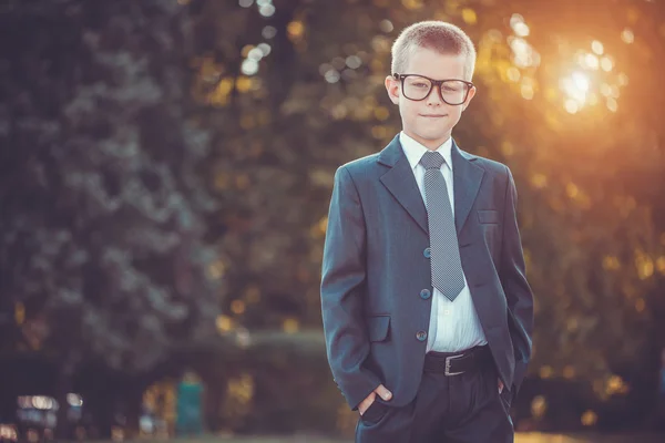Kid businessman with laptop on the park background — Stock Photo, Image