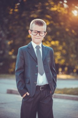 park arka plan üstünde laptop ile çocuk işadamı