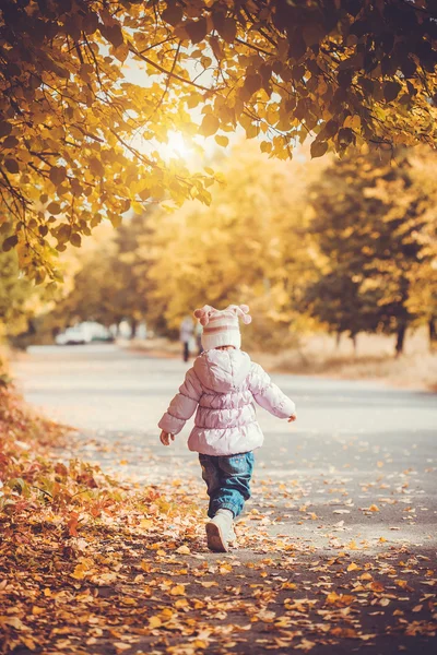 Happy playful baby in the autumn park — Stock Photo, Image