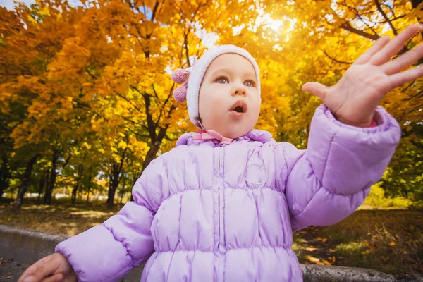 Szczęśliwe dziecko figlarny w parku jesień — Zdjęcie stockowe