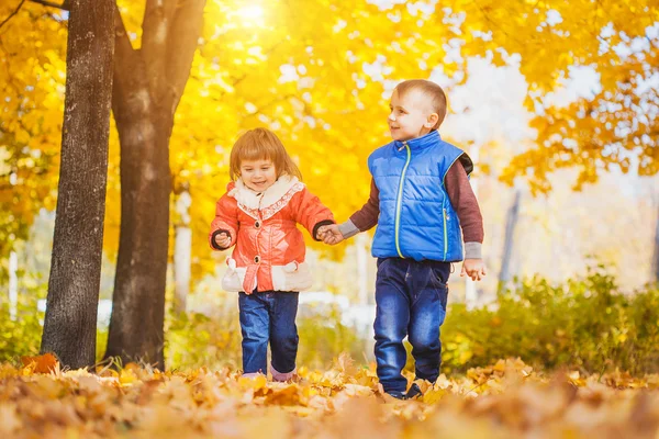 Niños felices y juguetones en el parque de otoño —  Fotos de Stock