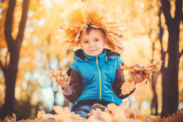 Glada lekfulla pojken i höst park — Stockfoto