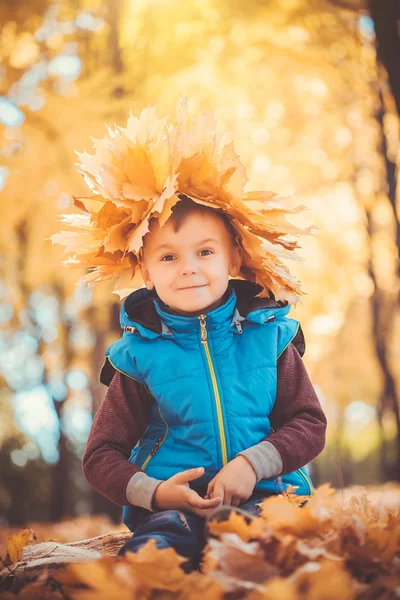 Glada lekfulla pojken i höst park — Stockfoto