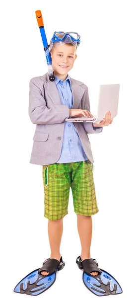 Kid businessman wearing fins, snorkel and goggles — Stock Photo, Image