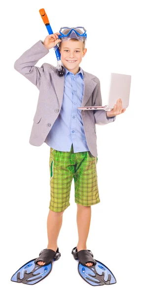 Podnikatel dítě nosí ploutve, šnorchl a brýle — Stock fotografie