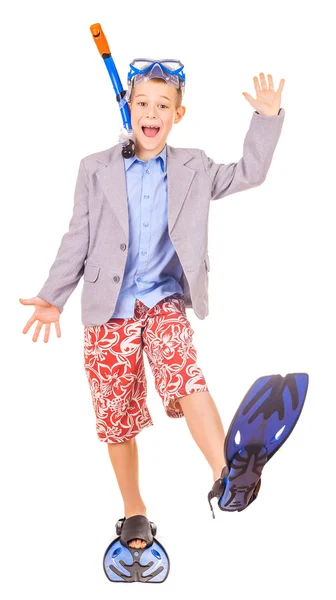 Garoto homem de negócios usando barbatanas, snorkel e óculos — Fotografia de Stock