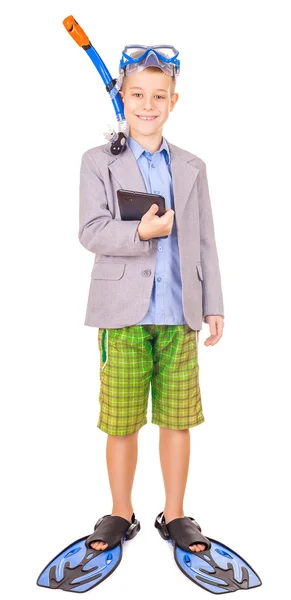 Kid businessman wearing fins, snorkel and goggles — Stock Photo, Image