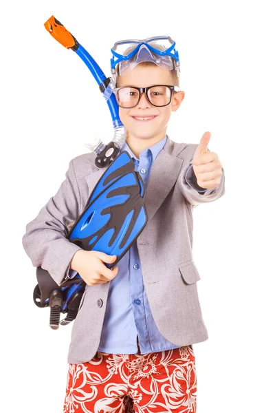 Kid businessman wearing fins, snorkel and goggles — Stock Photo, Image