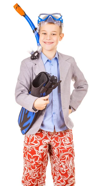 Podnikatel dítě nosí ploutve, šnorchl a brýle — Stock fotografie