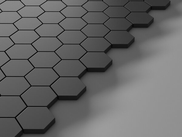 Abstract black background with hexagons and place 3D render
