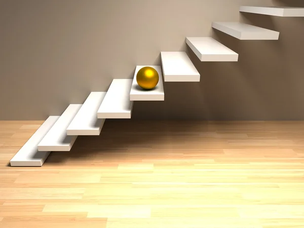 Esfera dorada en escaleras blancas. renderizar — Foto de Stock