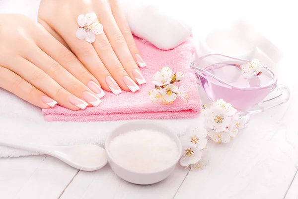 Francuski manicure z olejków eterycznych, moreli kwiaty. Spa — Zdjęcie stockowe