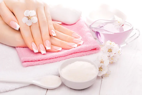 French manicure with essential oils, apricot flowers. spa — Stock Photo, Image