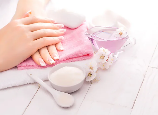 French manicure met essentiële oliën, abrikoos bloemen. Spa — Stockfoto